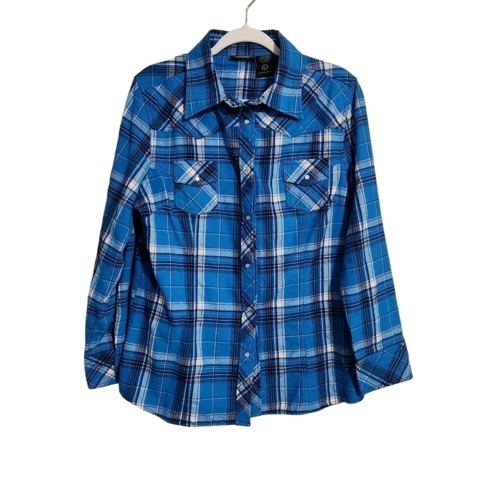 Stillwater Supply Co. Plaid Flannel Pearl Snap Western Blue Women's Sz L